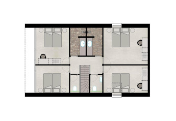Plattegrond van een lodgeverdieping met vier slaapkamers, twee badkamers en een centrale trap.