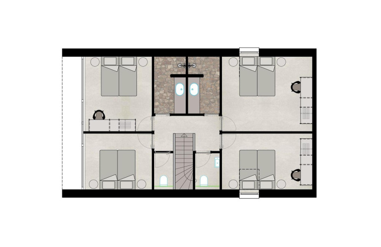 Grundriss einer Lodge-Etage mit vier Schlafzimmern, zwei Bädern und zentralem Treppenhaus.