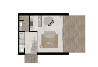 Plano de una cabaña con cocina, comedor, sala de estar, baño y una terraza exterior de madera.