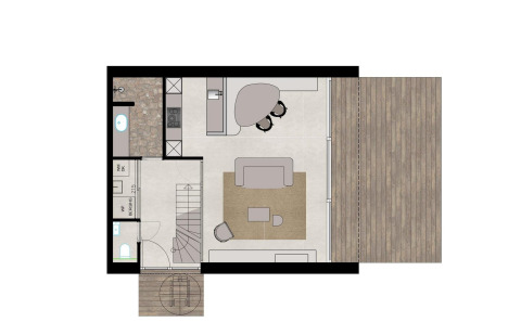 Plattegrond van een lodge met keuken, eethoek, woonkamer, badkamer en een houten buitenterras.