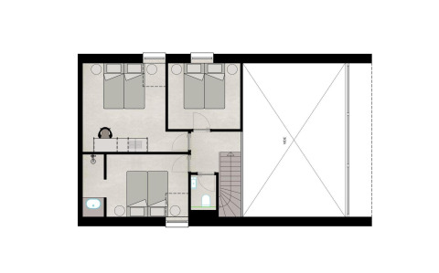 Plano de planta de un piso de lodge con tres dormitorios, un baño, escaleras y zona de vistas.