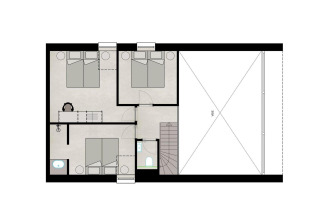 Plattegrond van een lodge-verdieping met drie slaapkamers, badkamer, trap en uitzichtzone.
