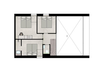 Planimetria di un piano lodge con tre camere da letto, bagno, scale e area panoramica.
