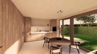 Cucina di lodge moderna con pannelli in legno, tavolo rotondo e ampie finestre sul giardino verde.
