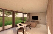 Moderne lodge-stue med store vinduer, udsigt til have, rund spisebord, sofa og tv på væggen.