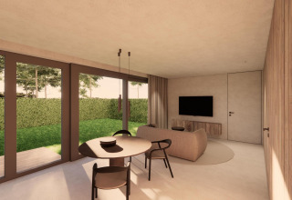 Sala de estar moderna en una cabaña, con grandes ventanales, vista al jardín, mesa redonda y televisor.