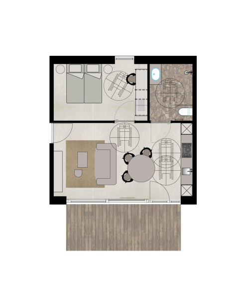 Plantegning af en tilgængelig suite på Woodz Lodges i Belgien med soveværelse, stue og køkken.