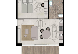 Plattegrond van de Suite Accessible bij Woodz Lodges in België met slaapkamer, zitruimte en keuken.