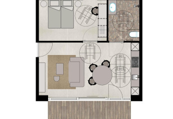 Plantegning af en tilgængelig suite på Woodz Lodges i Belgien med soveværelse, stue og køkken.