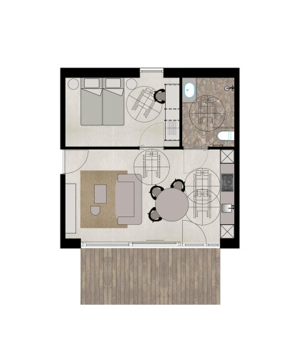 Plano de la Suite Accessible en Woodz Lodges, Bélgica, con dormitorio, sala de estar y cocina.