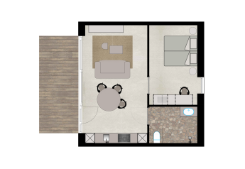 Plano de la Suite en Woodz Lodges en Bélgica, con sala de estar, dormitorio, baño y terraza.