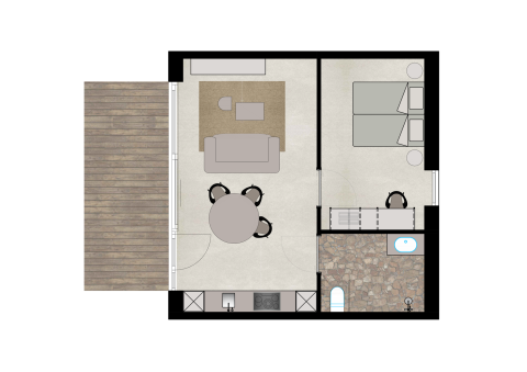 Plantegning af Suite på Woodz Lodges i Belgien, med stue, soveværelse, badeværelse og terrasse.