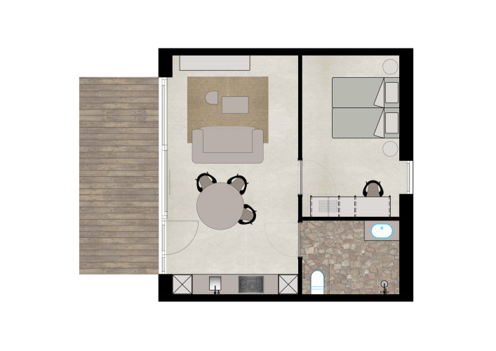 Plano de la Suite en Woodz Lodges en Bélgica, con sala de estar, dormitorio, baño y terraza.