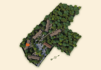 Aerial view of Suite at Woodz Lodges in Belgium, showing buildings, pathways, and dense surrounding forest.