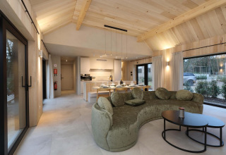 Moderne living in Villa Lodge met groene gebogen zetel, eetruimte en grote ramen bij Woodz Lodges in België.