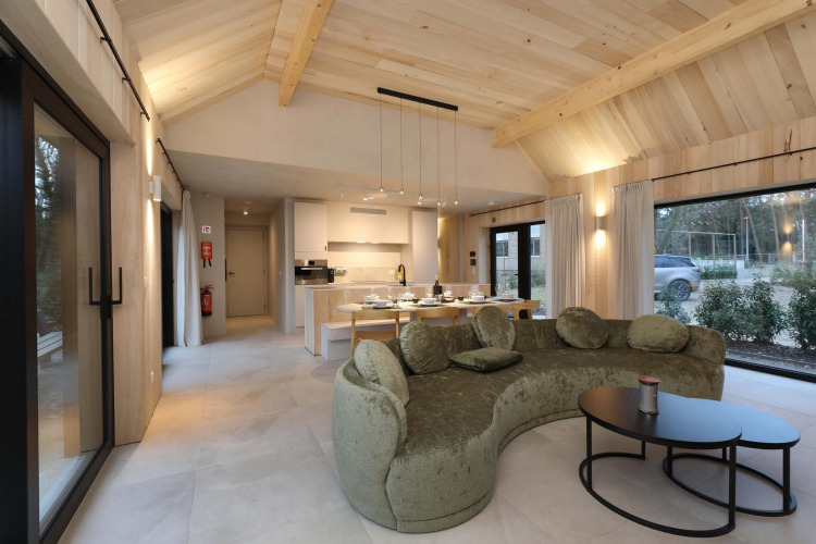 Modernes Wohnzimmer der Villa Lodge mit grüner Sofa, Essbereich und großen Fenstern bei Woodz Lodges in Belgien.