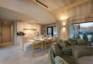 Modernes Wohnzimmer und Küche in der Villa Lodge mit Jacuzzi bei Woodz Lodges in Belgien, viel Tageslicht.