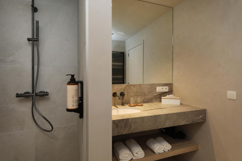 Baño moderno con ducha y espejo en Villa Lodge con jacuzzi en Woodz Lodges, Bélgica.
