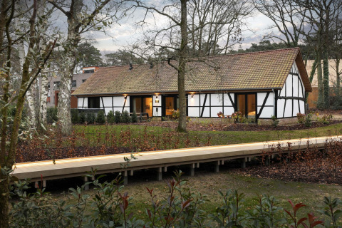 Villa Lodge met jacuzzi bij Woodz Lodges in België, omringd door bos met een houten wandelpad ervoor.