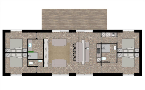 Plano de la Villa Lodge con jacuzzi en Woodz Lodges, Bélgica, mostrando habitaciones y comodidades.