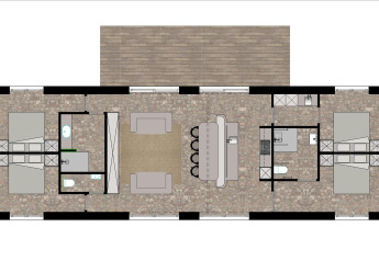 Plattegrond van Villa Lodge met jacuzzi bij Woodz Lodges in België, met kamers en voorzieningen.