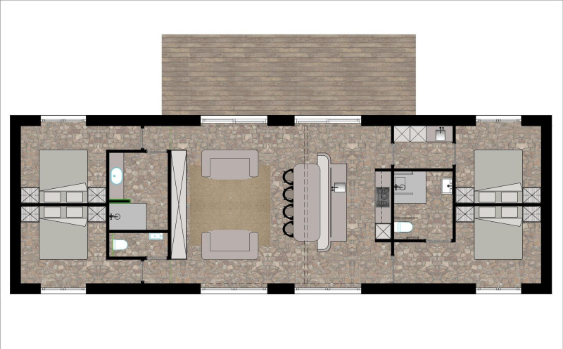 Grundriss der Villa Lodge mit Jacuzzi in den Woodz Lodges, Belgien, mit Zimmern und Einrichtungen.