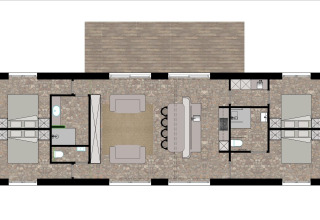 Plano de la Villa Lodge con jacuzzi en Woodz Lodges, Bélgica, mostrando habitaciones y comodidades.