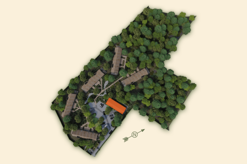 Vista aérea de Villa Lodge con jacuzzi en Woodz Lodges, Bélgica, rodeada de bosque y caminos.