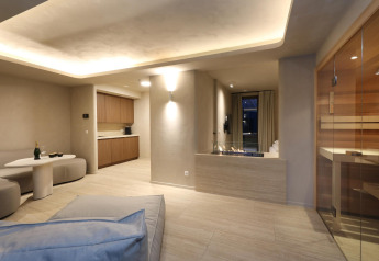 Wellness Suite bij Woodz Lodges in België, modern ingericht met sauna, haard en comfortabele zithoek.