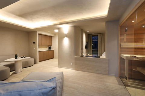 Wellness Suite presso Woodz Lodges in Belgio, arredo moderno, sauna, camino e angolo relax accogliente.