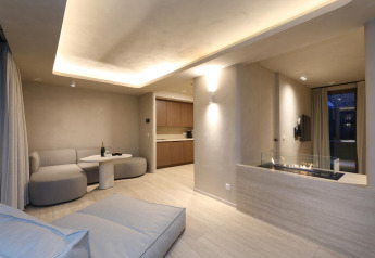 Wellness Suite bij Woodz Lodges in België, moderne leefruimte met haard, keuken en comfortabele bank