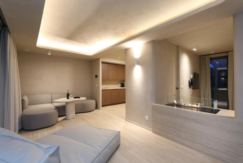 Wellness Suite på Woodz Lodges i Belgien, moderne stue med ildsted, køkken og hyggelig sofa