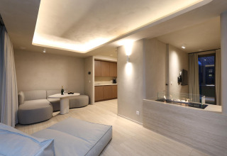 Wellness Suite på Woodz Lodges i Belgien, moderne stue med ildsted, køkken og hyggelig sofa