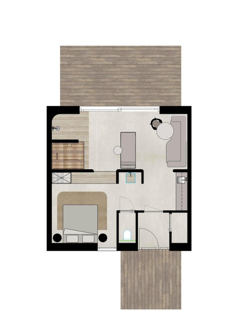 Plano de la Wellness Suite en Woodz Lodges, Bélgica, con dormitorio, baño y sala de estar mostrados.