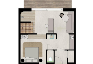 Plano de la Wellness Suite en Woodz Lodges, Bélgica, con dormitorio, baño y sala de estar mostrados.