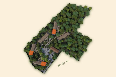 Vista aérea de Lodge at Woodz Lodges en Bélgica, edificios rodeados por bosques y caminos espesos.