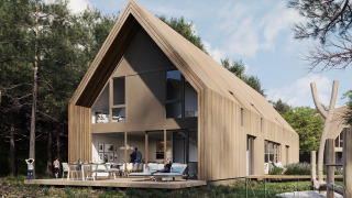 Group Lodge moderna in legno con ampie finestre, terrazza esterna e ospiti immersi in una foresta panoramica.