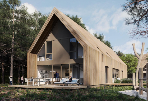Group Lodge moderna de madera con ventanales amplios, terraza exterior y visitantes en un bosque pintoresco.