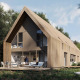 Moderne trælodge ved navn Group Lodge med store vinduer, udendørs terrasse og gæster i naturskøn skov.
