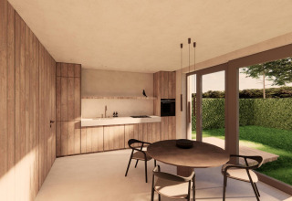 Cocina y comedor modernos con paneles de madera y amplias ventanas con vista al jardín en Group Lodge.