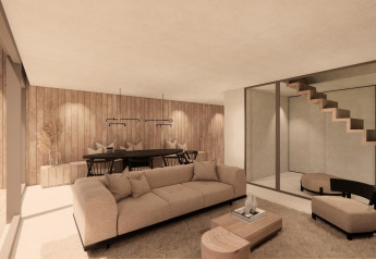 Soggiorno e sala da pranzo moderni al Group Lodge presso Woodz Lodges in Belgio con finiture in legno chiaro.