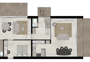 Grundriss der Group Lodge bei Woodz Lodges in Belgien mit Wohnbereichen, Küche, Schlafzimmer und Terrassen.