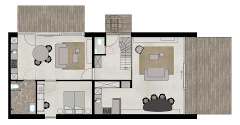 Plantegning af Group Lodge ved Woodz Lodges i Belgien, med opholdsrum, køkken, soveværelse og terrasser.