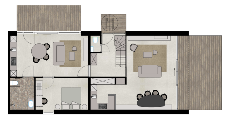 Plattegrond van Group Lodge bij Woodz Lodges in België, met woonkamer, keuken, slaapkamers en terrassen.