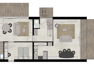 Plantegning af Group Lodge ved Woodz Lodges i Belgien, med opholdsrum, køkken, soveværelse og terrasser.