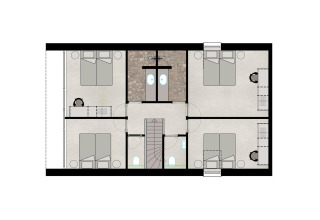 Plano de Group Lodge en Woodz Lodges, Bélgica, con cuatro dormitorios y un baño compartido en el centro.