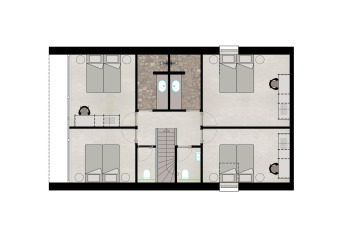 Plano de Group Lodge en Woodz Lodges, Bélgica, con cuatro dormitorios y un baño compartido en el centro.