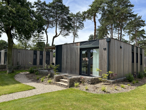 Modern chalet Domus 4 met houten buitenkant en grote ramen, omringd door bomen en gazon.