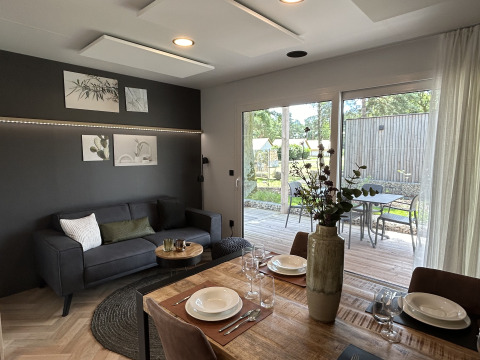 Salon et salle à manger modernes dans le chalet Domus 4 à Zilverstrand, Belgique, vue sur la terrasse.