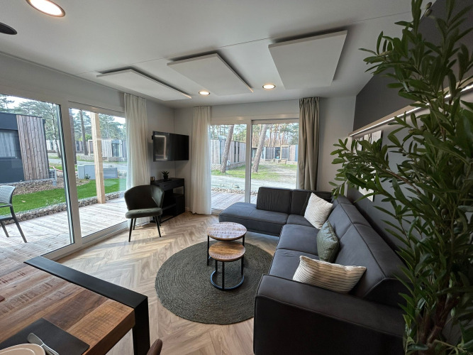 Soggiorno moderno nel lodge Belsano 6 a Zilverstrand, Belgio, con grandi finestre e arredo elegante.